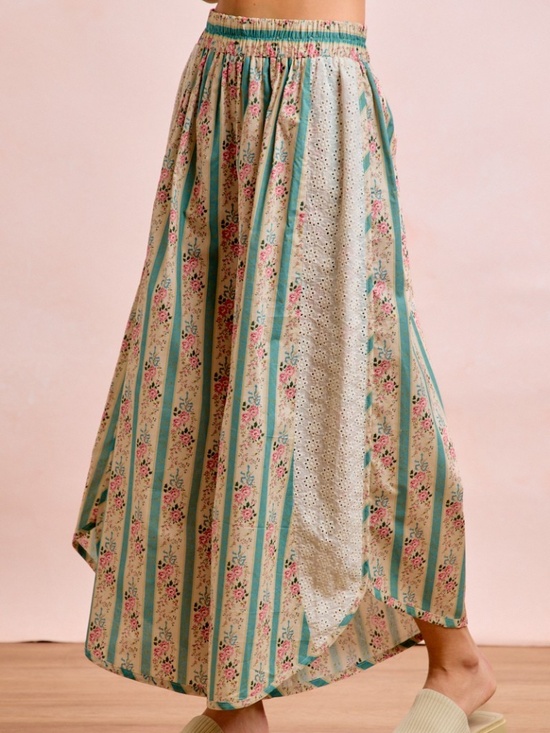 BiBi Pants - Bibi Floral Striped Print Eyelet Wide Leg Pants
